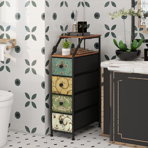 Narrow Dresser Tall Skinny Storage Tower Vertical Slim Chest of Drawers with Charging Station Small Nightstand Side Table for Bedroom, Bathroom, Small Spaces (Retro Flower, 4 Drawers)