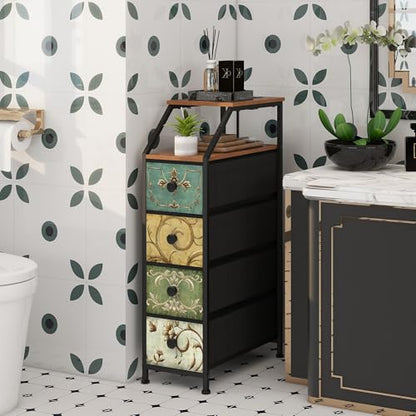 Narrow Dresser Tall Skinny Storage Tower Vertical Slim Chest of Drawers with Charging Station Small Nightstand Side Table for Bedroom, Bathroom, Small Spaces (Retro Flower, 4 Drawers)