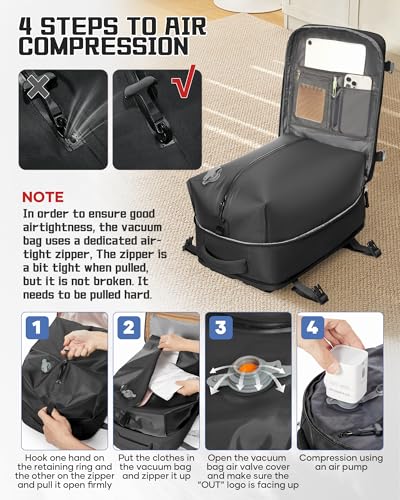 WONHOX Vacuum Seal Backpack for Travel with Air Pump Compression Vacpack Carry on Flight Approved Daypack Laptop Space Saver Bags Storage with Vacuum System 18x14x8 inches Travel Bag Women Men Black