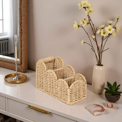 CubesLand Bedside Table Desk Organizer Caddy, Remote Pen&Pencil Holder Cup | Makeup Brush Holder w/Scalloped Perfect for Home, Office Desk, Living Room Table Decor, 3 Slots Beige