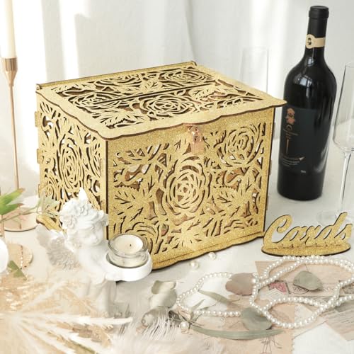Glittery Gold Wedding Card Box with Lock, Wooden Gift Card Box for Wedding Reception, Elegant Wedding Money Envelope Card Box Holder for Party Graduation Birthday Baby Shower Decorations