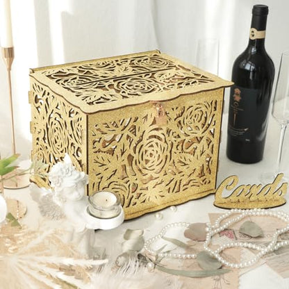 Glittery Gold Wedding Card Box with Lock, Wooden Gift Card Box for Wedding Reception, Elegant Wedding Money Envelope Card Box Holder for Party Graduation Birthday Baby Shower Decorations