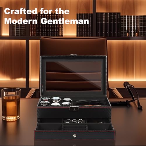 Jewelry Box for Men, 6 Slot Watch Box Jewelry Organizer With Drawer, Watch Case for Men with Large Window, 2-Layer Watch Holder, Sunglasses Storage Organizer, Velvet Lining, Fathers Day Gift