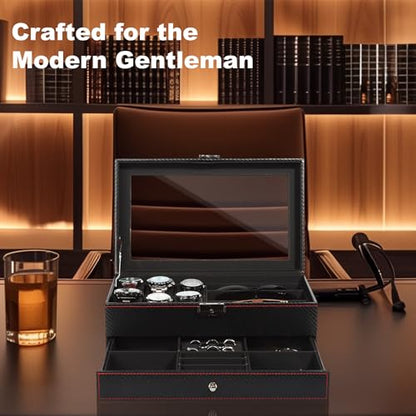 Jewelry Box for Men, 6 Slot Watch Box Jewelry Organizer With Drawer, Watch Case for Men with Large Window, 2-Layer Watch Holder, Sunglasses Storage Organizer, Velvet Lining, Fathers Day Gift