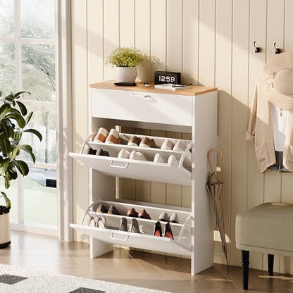 VINGLI Shoe Cabinet Storage for Entryway,White Small Narrow Shoe Rack,25" W | 8–12 Pairs,Skirting Board Cutout,Drop-Down Drawer,9.4"D Slim,Two-Tone Oak & White,2 Flip Drawers,Adjustable & Removable Shelf