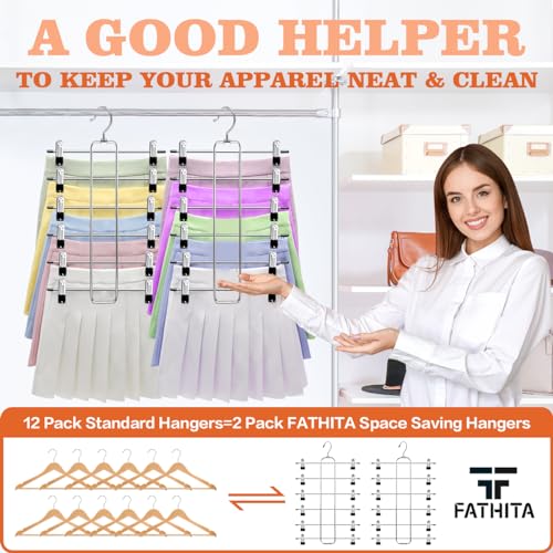 6-Tier Space Saving Pants Hangers with Clips, Multi-Functional Skirt & Jean Organizer for Small Closets, Dorm Room Essentials, 2 Pack Metal Clothes Storage