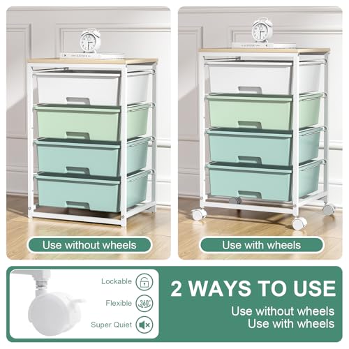 Rolling Cart with Drawers, 4-Drawer Utility Cart, Green | Rolling Storage Cart with Drawers, Storage Rolling Drawer Cart with Wooden Tabletop for Bedroom, Dorm, Classroom, Office