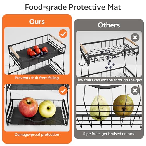 2 Tier Fruit Basket for Kitchen Countertop with 2 Banana Hangers,Detachable Metal Fruit Bowl with Wooden Handles and Protective Pads,Large Capacity Fruit and Vegetable Basket Organizer,Black