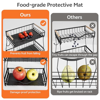 2 Tier Fruit Basket for Kitchen Countertop with 2 Banana Hangers,Detachable Metal Fruit Bowl with Wooden Handles and Protective Pads,Large Capacity Fruit and Vegetable Basket Organizer,Black