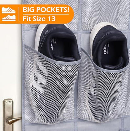MISSLO 35 Large Pockets Over The Door Shoe Organizer Sturdy Oxford Fabric Hanging Shoe Rack for Door Mesh Closet Shoe Holder Hanger, Grey