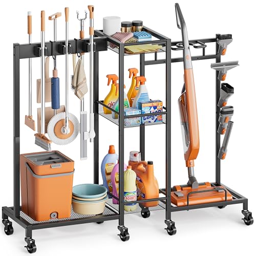 Broom Holder with Cleaning Supplies Organizer, Bro... (Black | Alloy Steel)