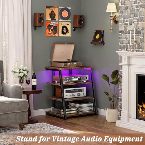 AV Media Stand, Stereo Stands and Racks Small Entertainment Center | Corner Shelf Stand with Power Strip & LED Lights, Audio Tower HIFI Rack Stereo Shelf CRT TV Stand, 4 Tier, Rustic Brown