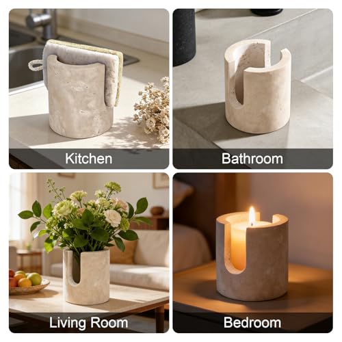 Natural Travertine Sponge Holder for Kitchen Sink Counter w A Plant-Based Kitchen Sponge, Fast Drying, Durable, Compact, Wabi-Sabi & Unique Sponge Caddy, Sink Organizer, Beige Travertine Home Decor