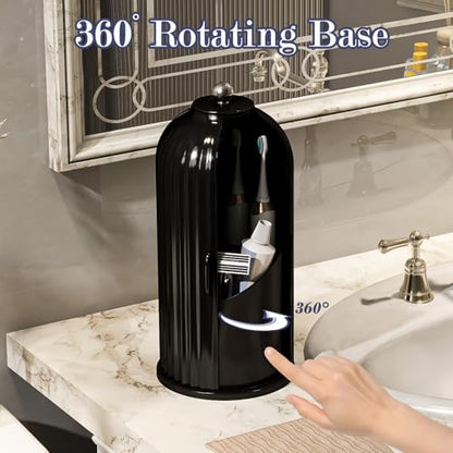 Toothbrush and Toothpaste Holders with Cover, Solid Black | Waterproof and Dustproof, 360° Rotating Base, Smooth Sliding Door, 3 Slots, for Bathroom Countertop