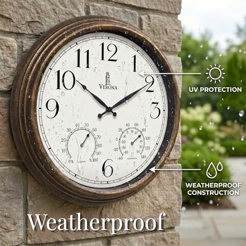 Large Outdoor Clocks for Patio Waterproof with Thermometer Combo, 18 Inch | Weatherproof Bronze Indoor Outdoor Wall Clock, Temperature and Humidity, Accurate, Easy to Read for Pool, Garden, Home Decor
