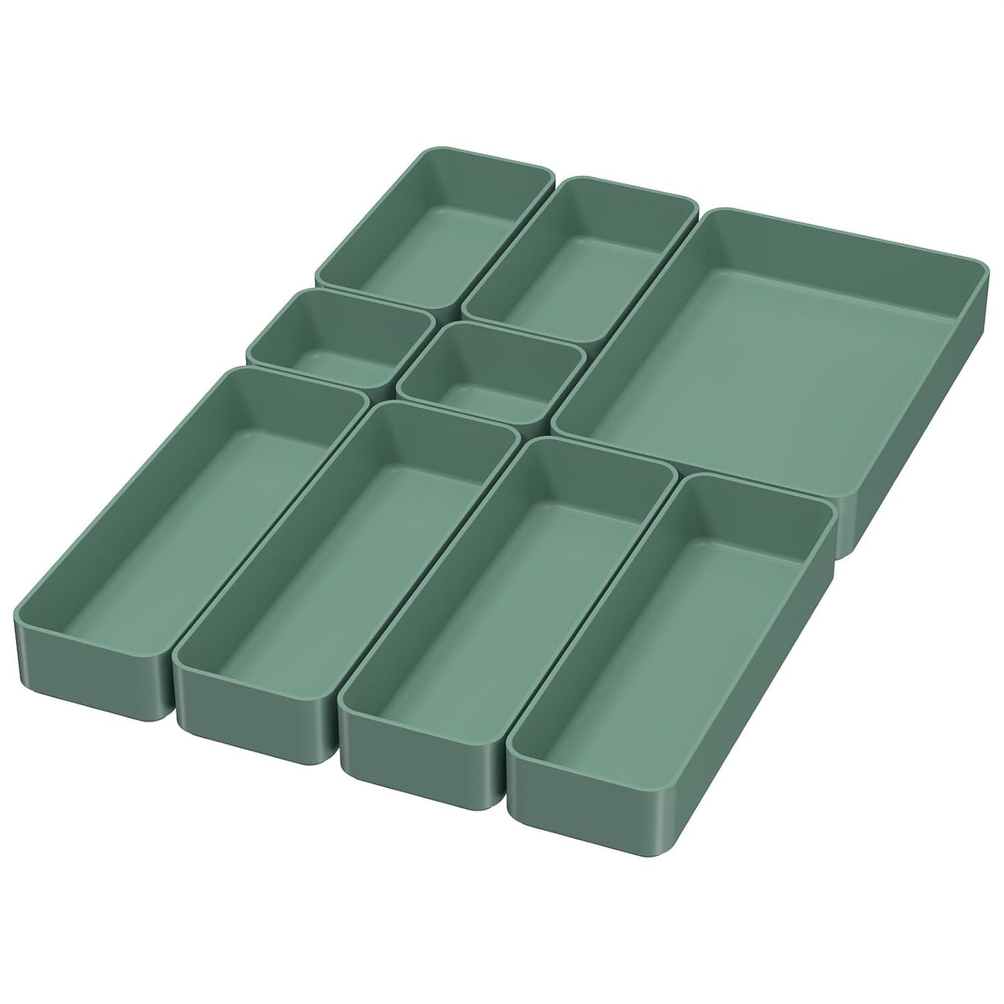 CHANCETSUI 9 Pcs Stackable Drawer Organizer Trays Set, Green, Multifunctional Storage for Vanity, Bathroom, Kitchen, Desk Drawer Organizer Office, PET Plastic | sage green desk shallow vanity plastic office junk small bins kitchen