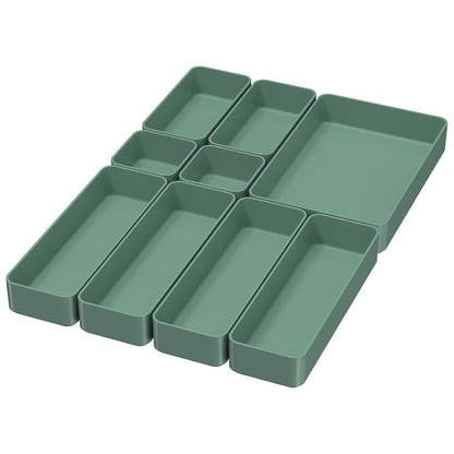 CHANCETSUI 9 Pcs Stackable Drawer Organizer Trays Set, Green, Multifunctional Storage for Vanity, Bathroom, Kitchen, Desk Drawer Organizer Office, PET Plastic | sage green desk shallow vanity plastic office junk small bins kitchen