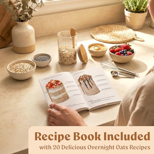 Overnight Oats Containers with Lids Bamboo incl. Spoons & Labels - 4x16oz | 4 Thick Glass Jars With Airtight Bamboo Lids, Matching Spoons and 24 Labels for Overnight Oats, Chia Pudding and Yogurt