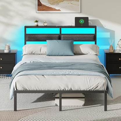 Full Size Bed Frame with LED Lights & Charging, Black Platform Bed