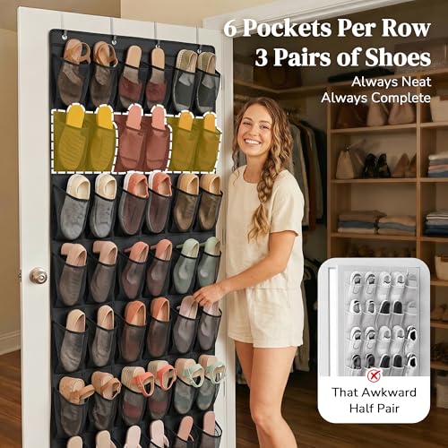 48 Pockets Over the Door Shoe Organizer, Large Mesh Hanging Shoe Rack, 6-Column Heavy Duty Shoe Storage for Sneakers and Heels, Behind Door Holder for Entryway Bedroom Dorm College, Black