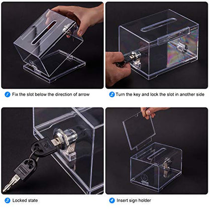 Clear Donation Box with Lock - Secure Ballot Box with Removable Sign Holder 2 Keys - for Money, Cards, Votes, Tickets, Feedback Collection (4.75"D x 6.29"W x 8"H)