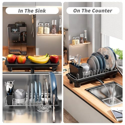 Small Dish Drying Rack, Stainless Steel with Drain Board & Utensil Holder | Anti-Scratch Base, Space Saving Design for Kitchen Counter, Black