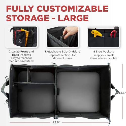 Car Trunk Organizer for SUV & Truck Cargo Storage, Large, Black | Fits Cars, SUVs & Trucks 4 Adjustable Compartments Non-Slip Base & Straps Foldable 11 Pockets Car Accessories