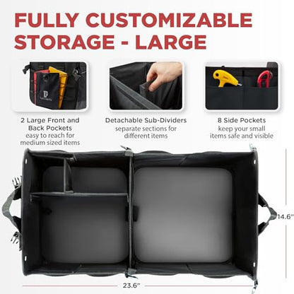 Car Trunk Organizer for SUV & Truck Cargo Storage, Large, Black | Fits Cars, SUVs & Trucks 4 Adjustable Compartments Non-Slip Base & Straps Foldable 11 Pockets Car Accessories