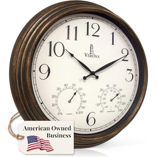 Large Outdoor Clocks for Patio Waterproof with Thermometer Combo, 18 Inch | Weatherproof Bronze Indoor Outdoor Wall Clock, Temperature and Humidity, Accurate, Easy to Read for Pool, Garden, Home Decor