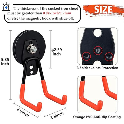 ULIBERMAGNET Heavy Duty Magnetic Garage Hooks,4 Pack Strong Large Magnet Hooks for Power Drill,Garden Tools,Hose,Pegboard,Garage, Workshop,Magnetic Storage Hooks for Indoor Outdoor Hanging(Orange)