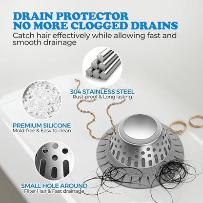 Drain Hair Catcher - Bathtub Drain Cover, Hair Stopper for Bathtub Drain, 304 Stainless Steel Drain Protector and Hair Trap for Flat & Pop-up Drains, Silver Gray
