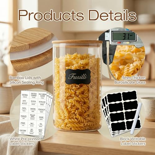 32 oz Round Glass Food Storage Containers with Airtight Bamboo Lids, 4 Pack | Stackable Pantry Jar for Flour, Sugar & Rice, Durable Borosilicate Glass Canister Keep Food Dry & Fresh, Easy to Fill & Clean