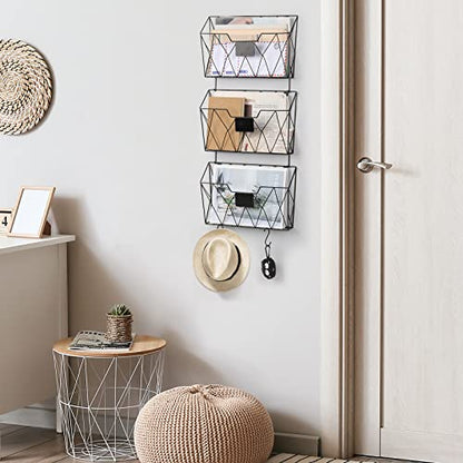 YBING Wall File Organizer, Hanging File Holder & Basket Set of 3, Black | Hanging File Rack with Hooks, Mail Organizer, Metal Wall Storage for Office Living Room School Classroom Home