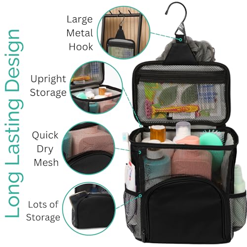 Original Portable Shower Caddy For College Dorms - Foldable Mesh Tote - Dorm Room Essentials - Durable Hanging Travel Shower Bag - Perfect for College Students, Men, Women (Black)
