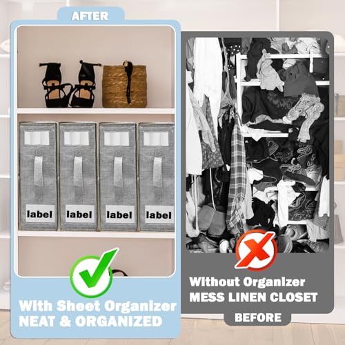 4 Pack Bed Sheet Organizer for Linen Closet, Foldable Sheet Organizers and Storage Containers with Window & Label, Bedding Storage Organizer for Sheets, Duvet Covers, Blankets, Grey