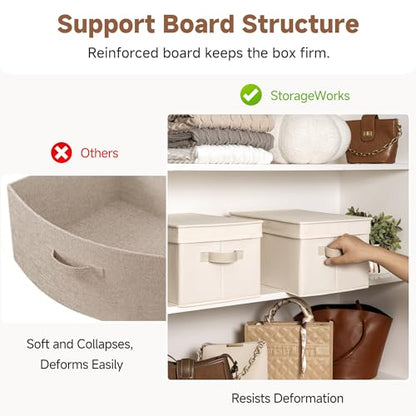 StorageWorks Fabric Storage Bins with Lids, Decorative Storage Bins with PU Handles, Foldable Storage Baskets for Closet, Shelves, Stackable and Sturdy Organization, Beige(Cotton Linen), Large, 3-Pack