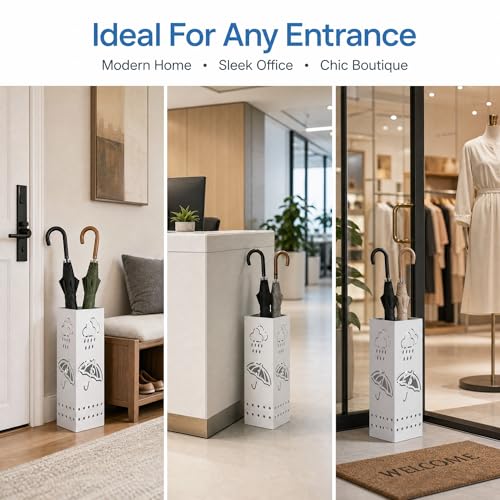 BEWBBAT Metal Umbrella Stand for Entryway, 6 x 6 x 17 Inch White Square Umbrella Organizer Bin, Free Standing Umbrella Holder,Walking Sticks, Home Office Decor