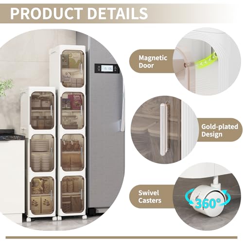 4 Tier Slim Bathroom Storage Cabinet, Foldable and Movable, White | Tools Free, ABS and PET, Magnetic Clear Door, Adjustable Shelves, Lockable Wheels, Water Resistant, For Narrow Space