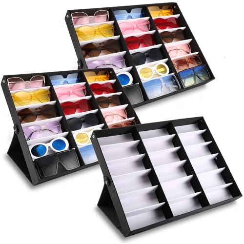 Soaoo 3 Pcs 18 Slot Sunglasses Organizer Storage Holder Eyeglasses Display Case Tray with Stand Fabric Lined Jewelry Storage Box
