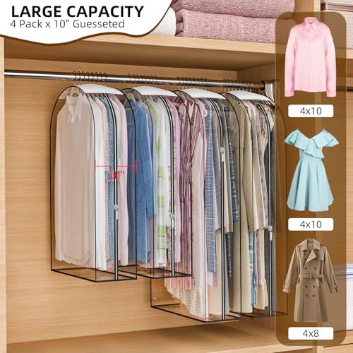 Clear Garment Bags for Hanging Clothes, 4-Pack, 2x40"+2x50" | Upgraded thickened clear garment bags with 10" gusset for closet storage of shirts, coats, dresses