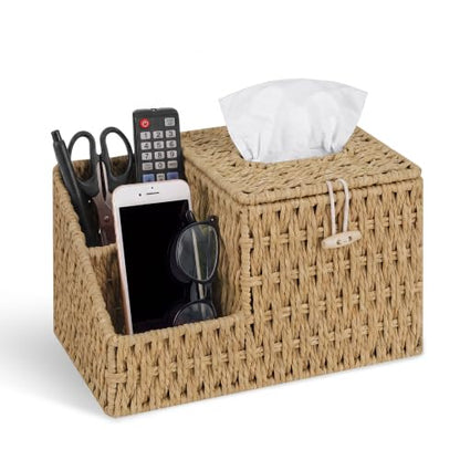 Tissue Box Cover with Storage, Wicker Paper Rope Square Tissue Box Holder | Tissue Remote Control Holder,Handwoven Decorative Cube Tissue Box Organizer for Bedroom Nightstand End Table,Natural