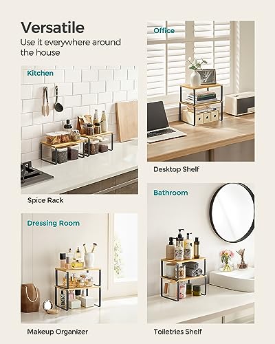 SONGMICS Cabinet Organizer Shelf, Set of 2 Kitchen Counter Shelves, Kitchen Storage, Spice Rack, Stackable, Expandable, Metal and Engineered Wood, 11.7 Inches, Ink Black and Natural Beige UKCS02NB