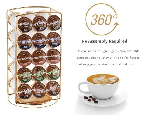 Tabletop K Cup Holder, Coffee Pod Stand Holder, K-Cups Capsule Storage Rack for 30 pods, 360 degrees rotatable, No Assembly Required, Gold