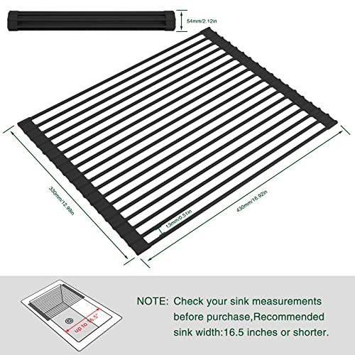 Roll Up Dish Drying Rack Over The Sink Kitchen Roll Up Sink Drying Rack Multipurpose Foldable Sink Drying Mat, Heat-Resistant, Anti-Slip & Anti-Rust Dish Rack for Kitchen, 17" x 13", Black