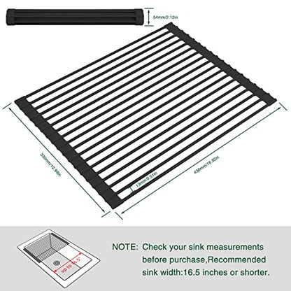 Roll Up Dish Drying Rack Over The Sink Kitchen Roll Up Sink Drying Rack Multipurpose Foldable Sink Drying Mat, Heat-Resistant, Anti-Slip & Anti-Rust Dish Rack for Kitchen, 17" x 13", Black