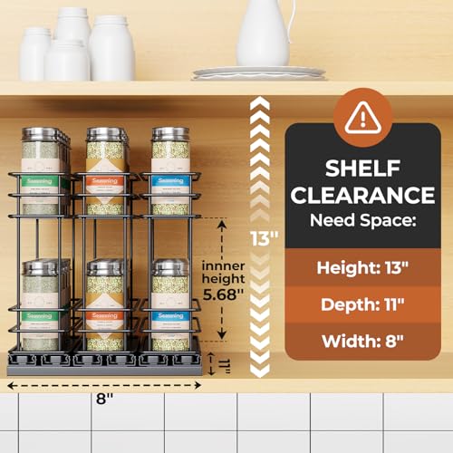 Mystozer Pull Out Spice Rack Organizer for Cabinet, Slide Out Spice Racks, Easy to Install Spice Cabinet Organizers, 7.4" Wx10.43 Dx8.26 H, 3 Drawers 2 Tiers(Black)