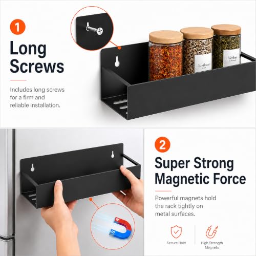6 Pack Metal Magnetic Spice Rack for fridge, Heavy Duty | Iron + Magnet | Holds 9 lbs per shelf | Full-back magnets | Screws included | Climate Pledge Friendly