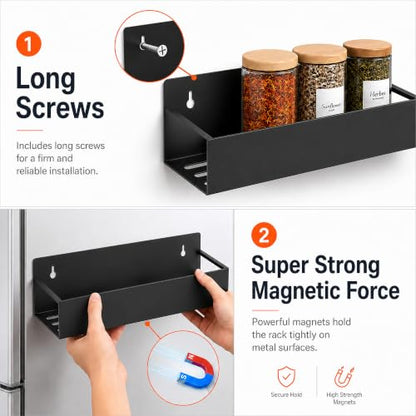 6 Pack Metal Magnetic Spice Rack for fridge, Heavy Duty | Iron + Magnet | Holds 9 lbs per shelf | Full-back magnets | Screws included | Climate Pledge Friendly