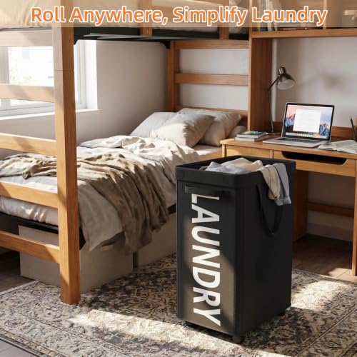 Optish Laundry Basket with Wheels, 90L Rolling Laundry Hamper with Wheels, Large Clothes Hamper on Wheel with Removable Mesh Bag for Bedroom, Dorm Room Essentials, Black