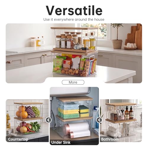 Trash Bag Holder 2 Pack, Stackable Garbage Bag Dispenser with Bamboo Lid, Large Capacity Under Sink Organizer for 13/30/33 Gallon Bags, Clear Storage Bins for Kitchen, Laundry Room, Pantry, Cabinet